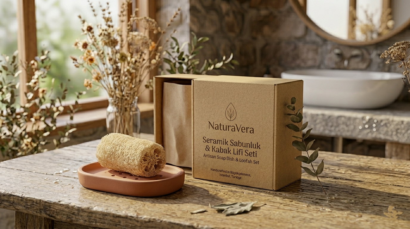 El Yapımı Seramik Sabunluk & Doğal Kabak Lifi Seti